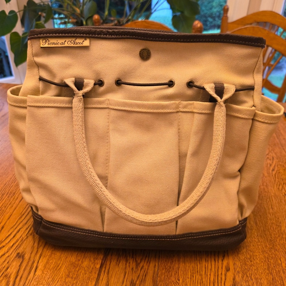 Picnic at Ascot Tan Canvas Garden Utility Tote Bag Brown Trim Multi Pocket
